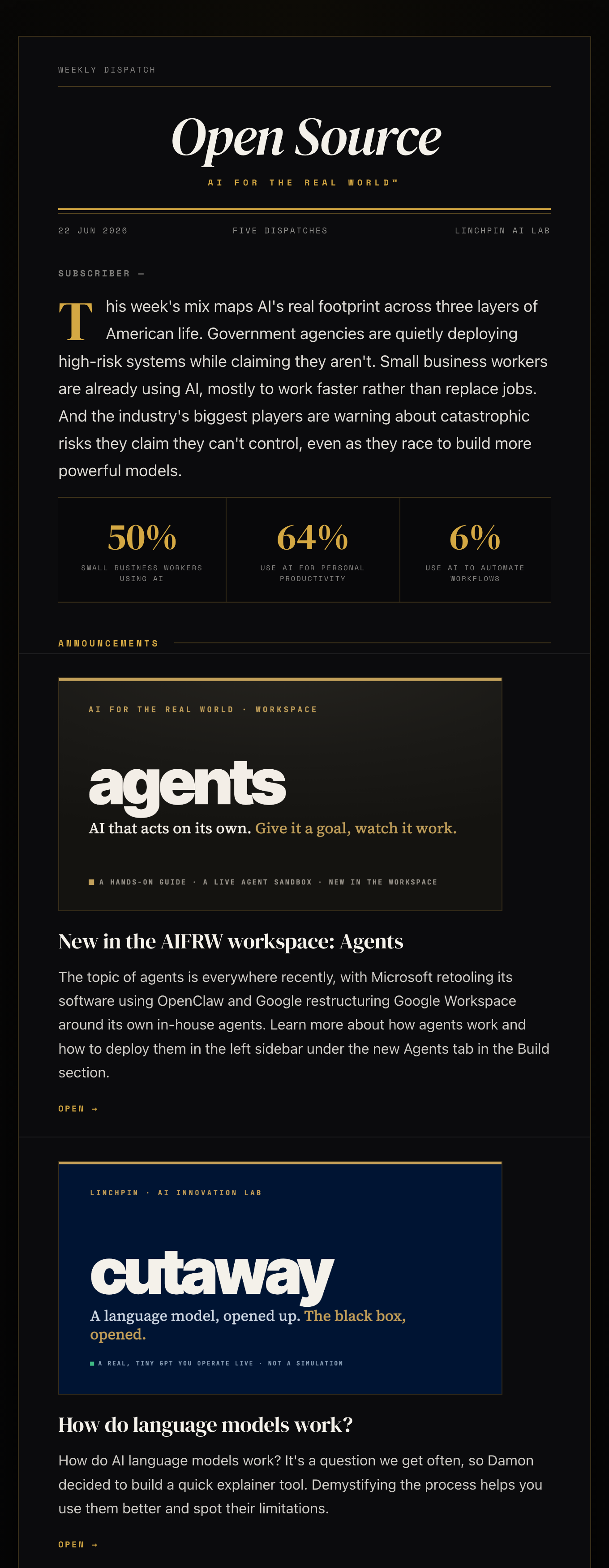 The top of a recent Open Source issue — masthead, intro, the week's key stats, and what's new in the workspace.